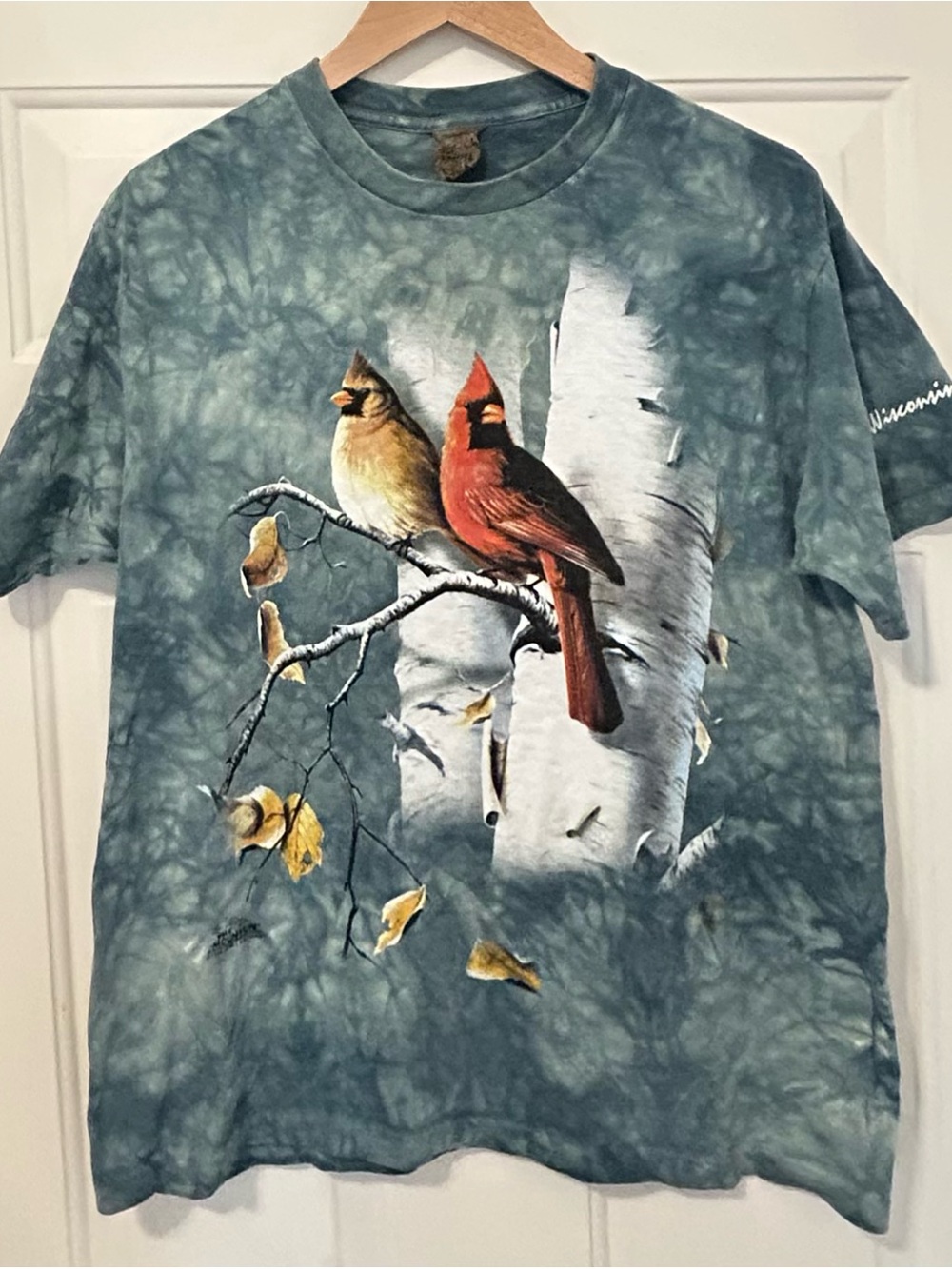 Vintage The Mountain James Hautman Cardinal Bird Tree Large TShirt 1990s Tie Dye